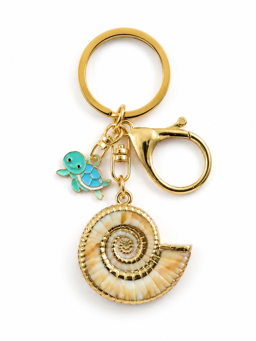 Sea Turtle & Nautilus Shell Gold Keychain Beach Coastal Ocean Bag Charm Gift